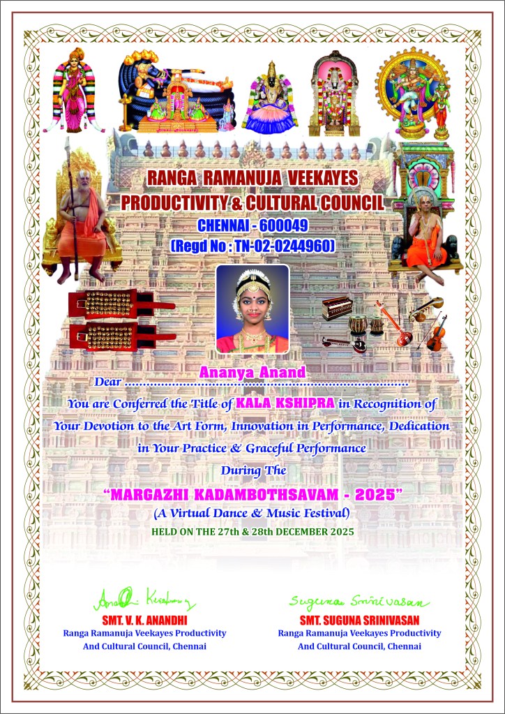 "Kala Kshipra" title awarded to Ananya Anand, student of Hindu Temple Rhythms USA